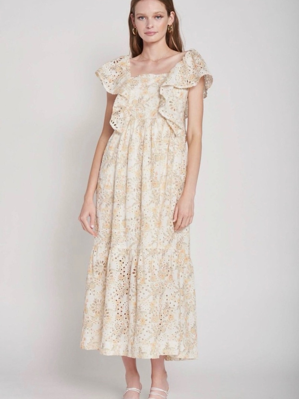 En Saison Cream & Tan Eyelet Ruffle Midi Dress